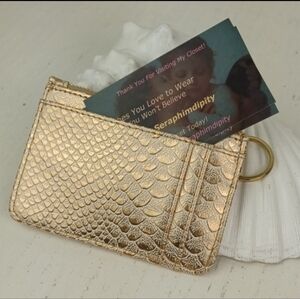 Cookie Lee Gold Tone Snakeskin Textured Card Holder Coin Purse Key Ring